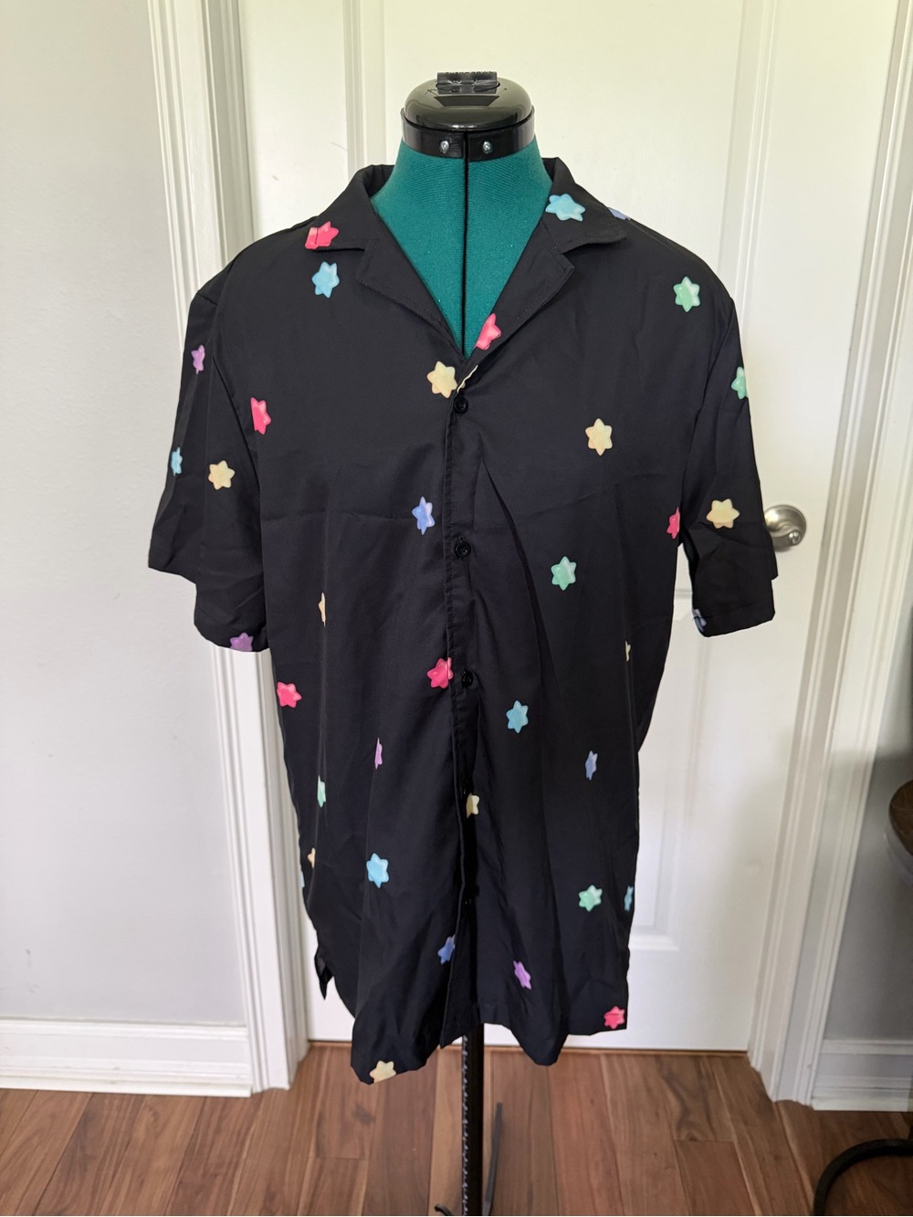 Men's Black Short-Sleeve Button Shirt with Multicolor Star Accents